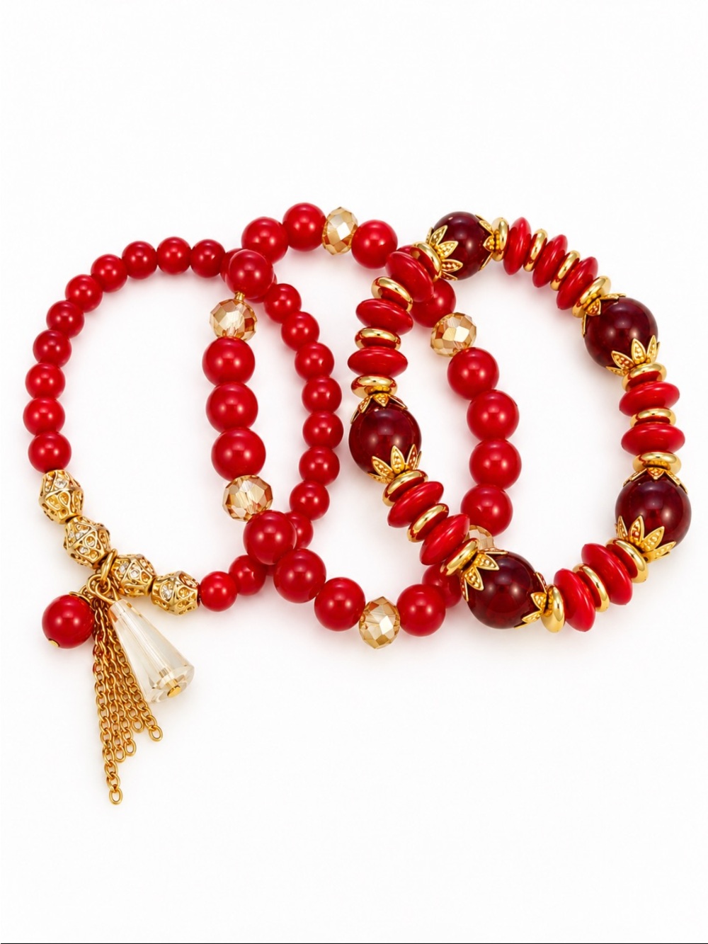 Red & Gold Beaded Stretch Bracelet Stack Set of 3 Crystal Tassel Charm 💥NWOT💥